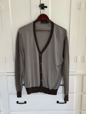 Etro Brown and White Striped V-Neck Cardigan
